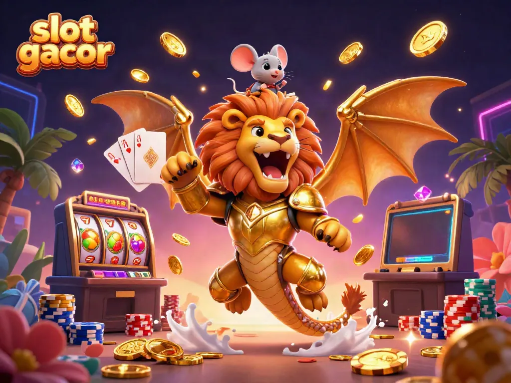 Engaging illustration of "slot gacor" with a triumphant chimera and vibrant casino elements.