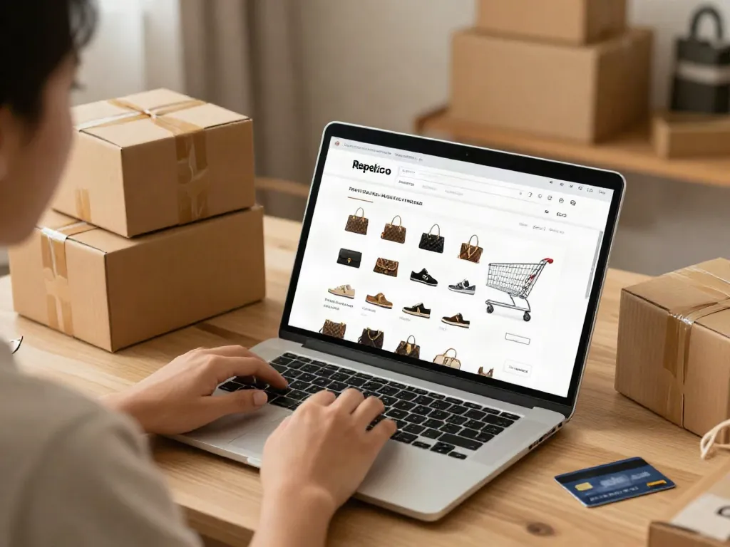 Replica Shop online shopping experience showcasing premium bags and shoes.