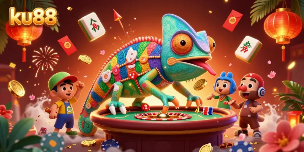 Engage in thrilling games at ku88 with a vibrant chameleon character in a bustling casino environment.