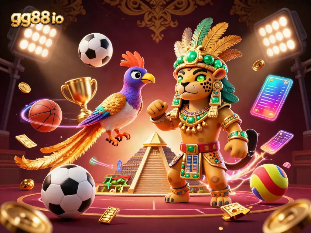Experience thrilling gameplay at gg88 io with a vibrant illustration of iconic casino elements, including dynamic sports balls and trophy cups.