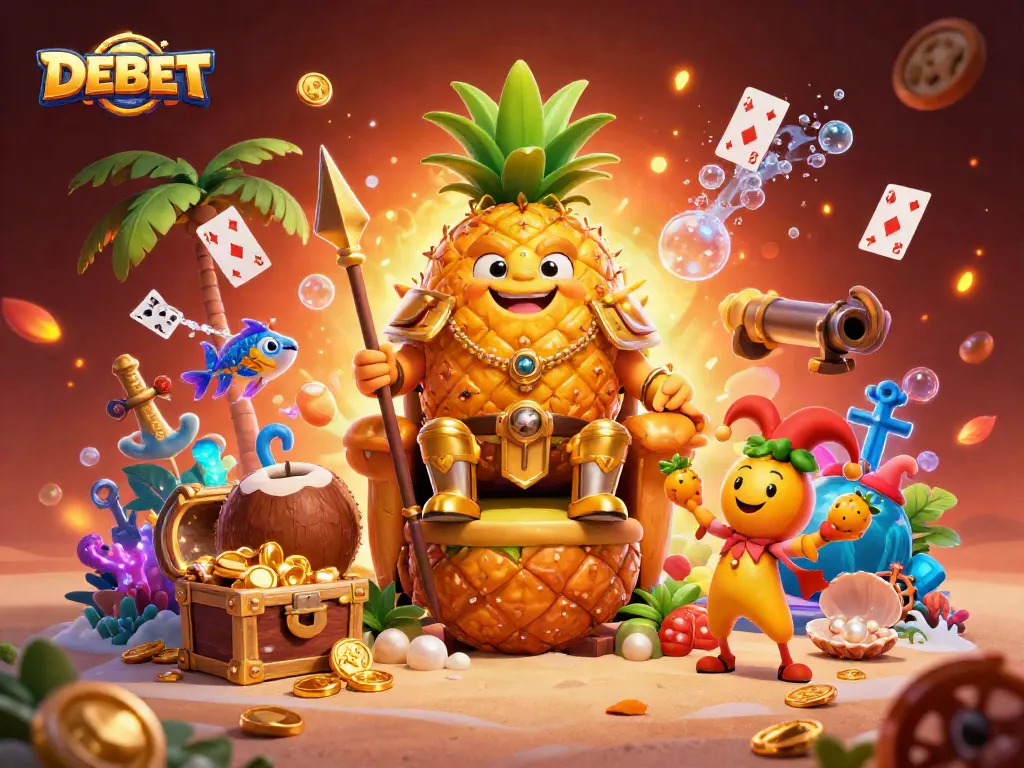 Experience the excitement of DEBET with a colorful underwater treasure casino scene filled with vibrant characters and dynamic gaming elements.