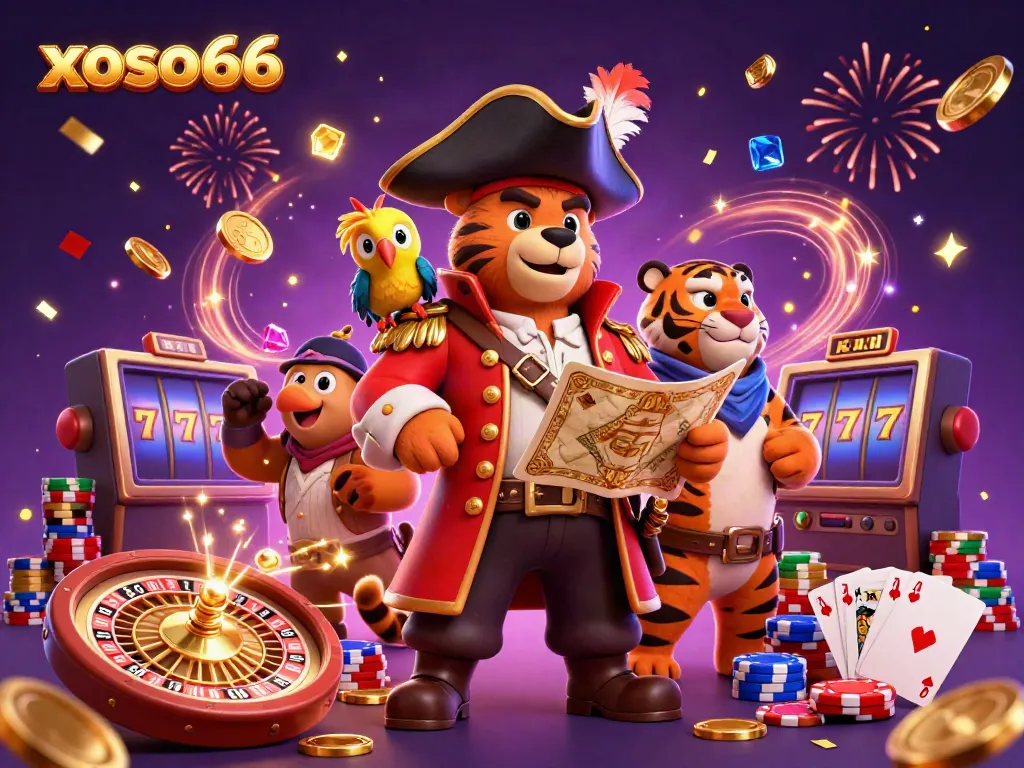 Experience thrilling wins at xoso66 with a cartoon pirate bear and tiger in a vibrant casino scene.