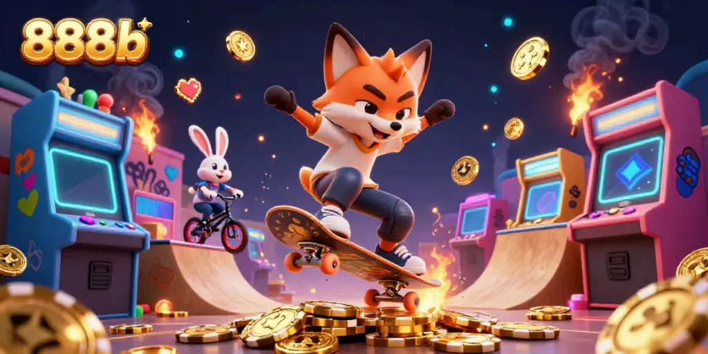 Engage with 888b's vibrant gaming scene featuring a fox skateboarder and BMX rabbit amidst glowing casino visuals.