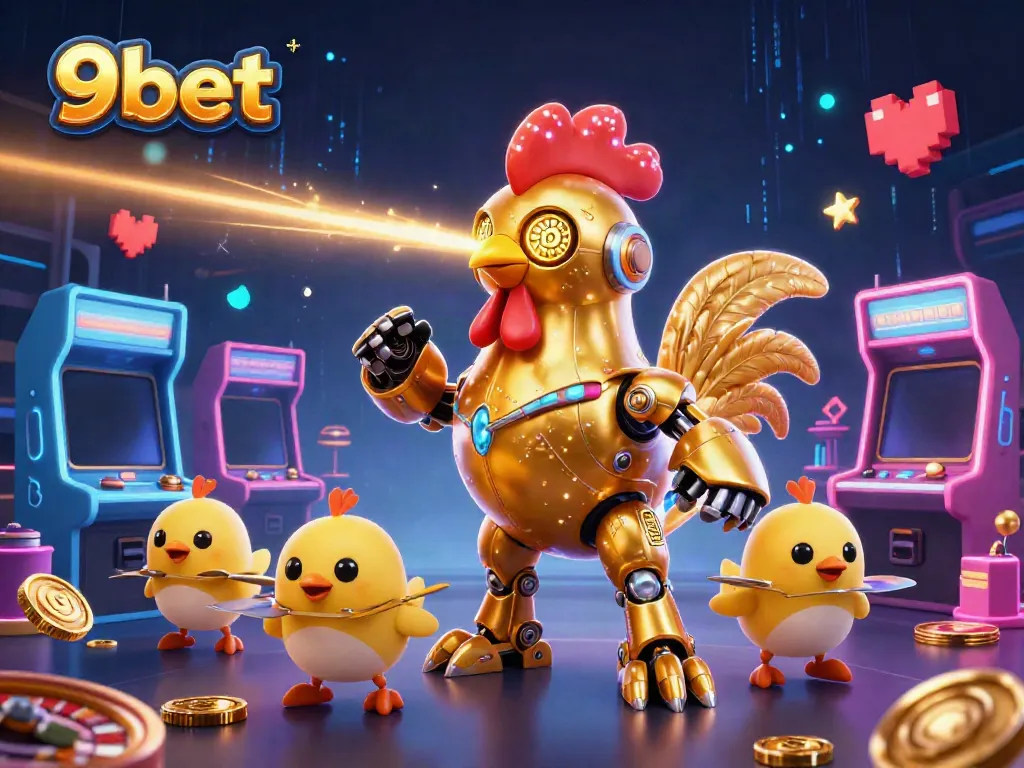 Engage with 9bet's vibrant casino experience through retro-futuristic characters and dynamic game elements.