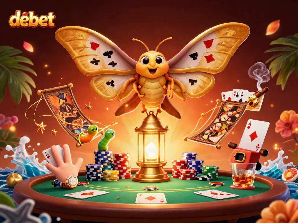 Catch the thrill of debet with vibrant casino scenes featuring a majestic atlas moth and dynamic poker elements.