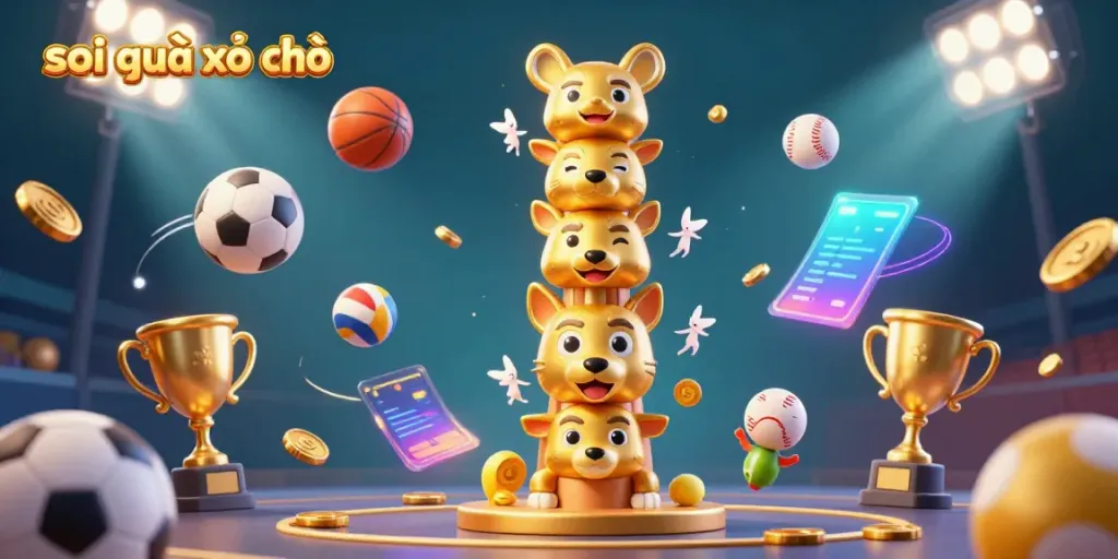Engaging illustration showcasing soi cầu xổ số as a dynamic totem pole with casino elements and sports balls.